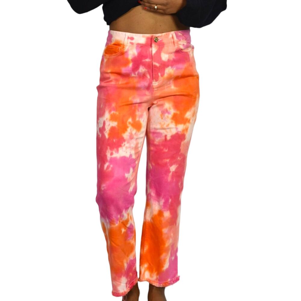 Trina Turk Tour Guide Jeans Pink Orange Tie Dye High Waist Straight Pant Size 2